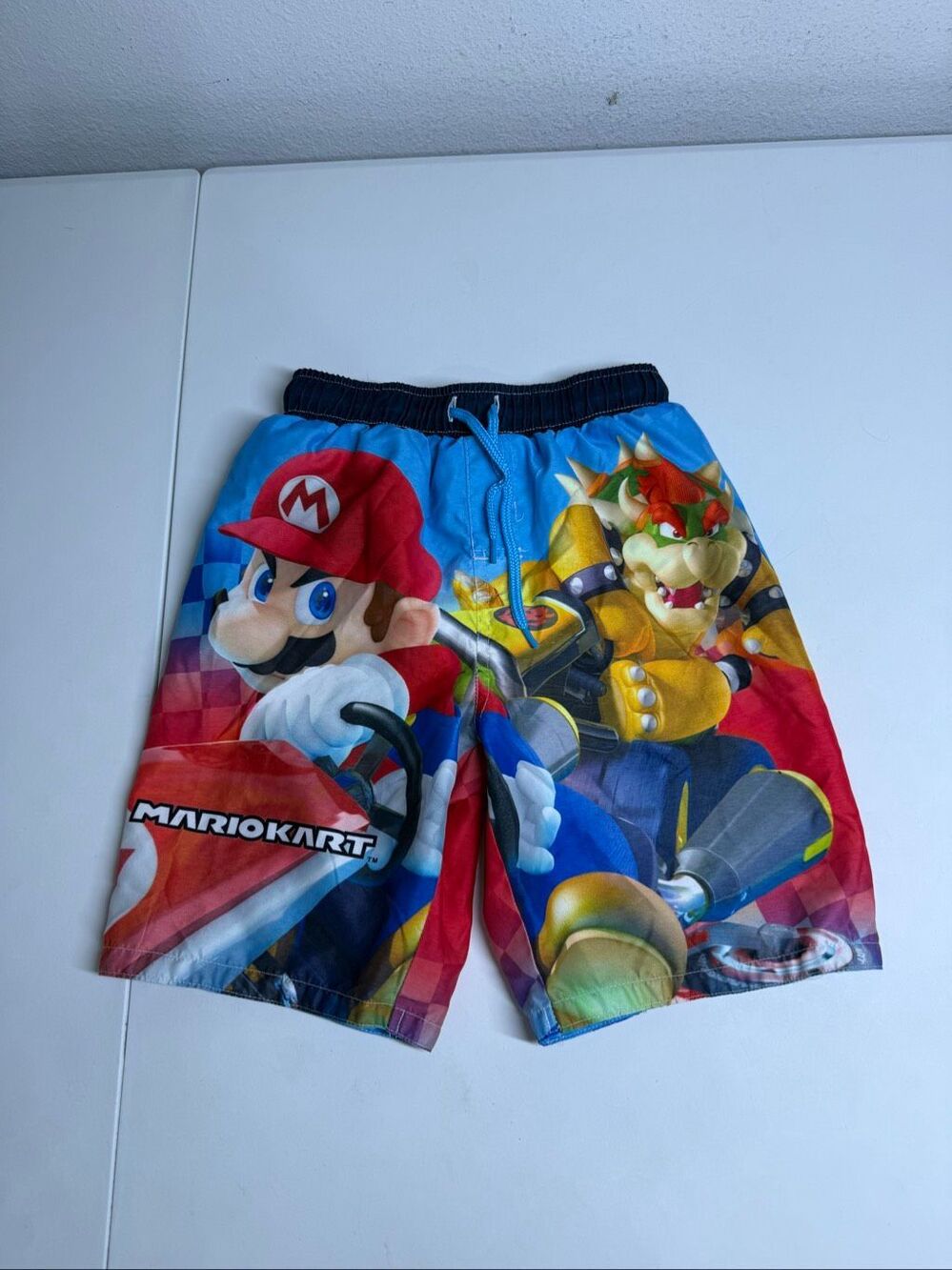 Mario Kart Boys Swim Trunks Shorts Size 7 Blue Red Bowser Mario Drawstring